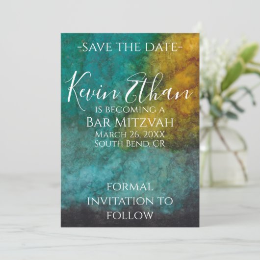 BM Bar Bat Mitzvah Save the Date aus dieser Welt (Stehend Vorderseite)
