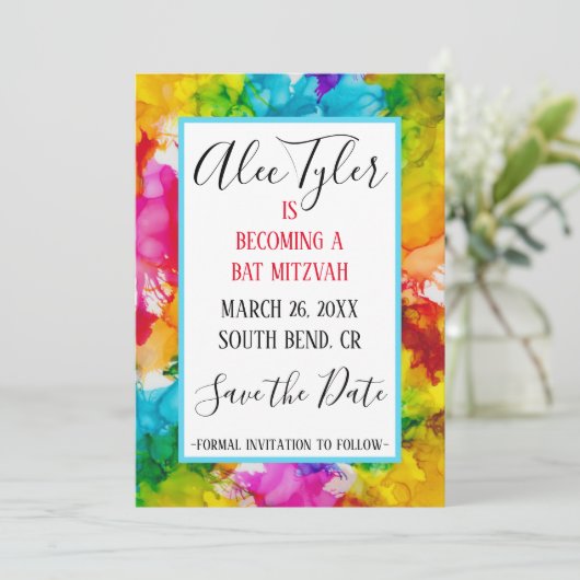 BM Bar Bat Mitzvah Splash Save the Date (Stehend Vorderseite)