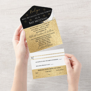 BM Bar Bat Mitzwa Elegantes Gold All In One Einladung