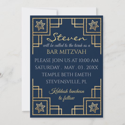 BM Bar or Bat Mitzvah Blue n Gold Art Deco Einladung (Vorderseite)