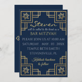 BM Bar or Bat Mitzvah Blue n Gold Art Deco Einladung (Vorne/Hinten)