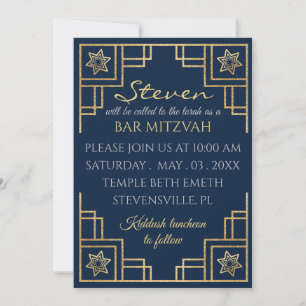 BM Bar or Bat Mitzvah Blue n Gold Art Deco Einladung