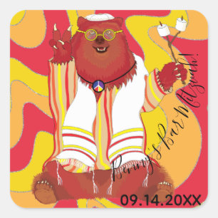 BM Bar or Bat Mitzvah Sticker Square Hippie Bear