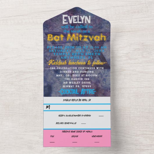 BM Bat Mitzvah Blues und Pinks All In One Einladung (Innen Boden)