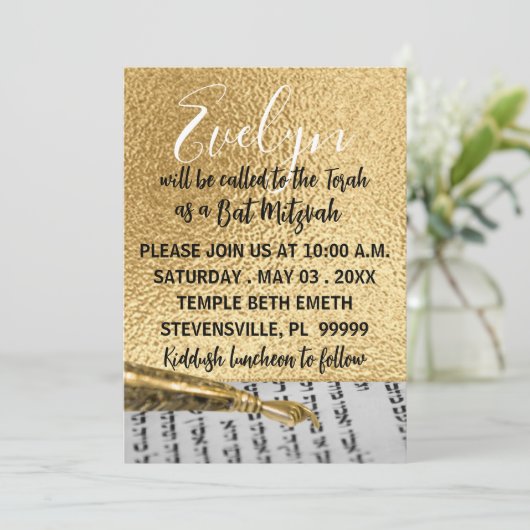BM Bat oder Bar Mitzvah Elegant Torah Yad Einladun Einladung (Stehend Vorderseite)