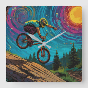 BMX Reiter auf der Berghänge Quadratische Wanduhr