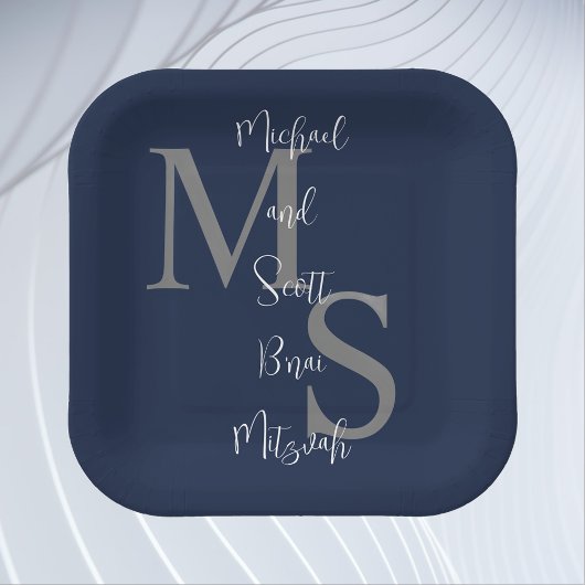 B'nai Mitzvah Blue White Burgundy Name Monogram Pappteller