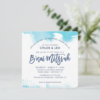 B'NAI MITZVAH-EINLADUNG handgeschriebene aqua-aqua Einladung