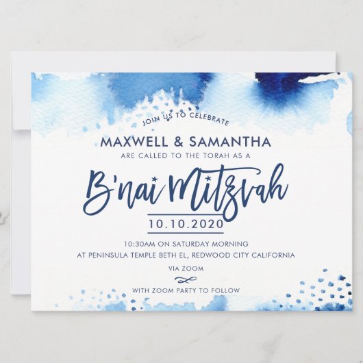 B'NAI MITZVAH INVITE handbuchstabiert blaues Aquar Einladung (Vorderseite)