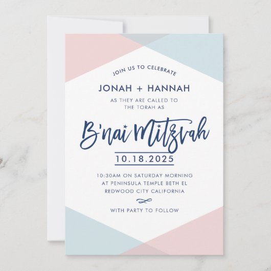 B'NAI MITZVAH modern minimal script blue pink Einladung (Vorderseite)