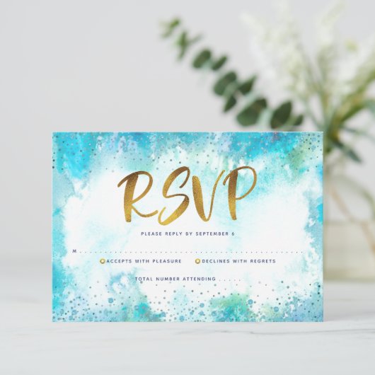 B'nai Mitzvah Moderne goldtürkisfarbene Aquarell RSVP Karte (Stehend Vorderseite)