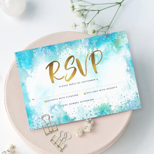 B'nai Mitzvah Moderne goldtürkisfarbene Aquarell RSVP Karte