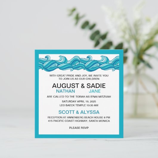B'nai Mitzvah Moderner Strand Blau Einladung (Stehend Vorderseite)