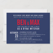 B'NAI MITZVAH Modernes, fettfreies Block, blau rot Einladung (Vorderseite)