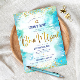 B'nai Mitzvah Modernes Gold Türkis Wasserfarbe Einladung