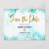 B'nai Mitzvah Rett Datum Gold Türkis Wasserfarbe Einladungspostkarte (Vorderseite)