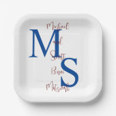 B'nai Mitzvah White Blue Burgundy Name Monogram Pappteller (Vorderseite)