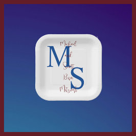 B'nai Mitzvah White Blue Burgundy Name Monogram Pappteller