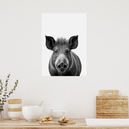 Boar Pig Woodland Modernes Portrait Schwarz-weiß Poster (Küche)