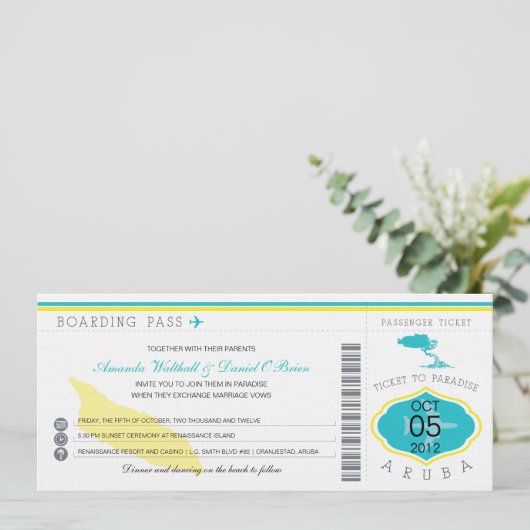 Boarding nach Aruba Hochzeit Einladung (Stehend Vorderseite)