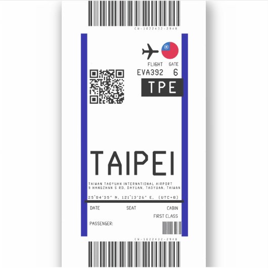 Boarding nach Taipei (TPE) Aufkleber (Vorderseite)