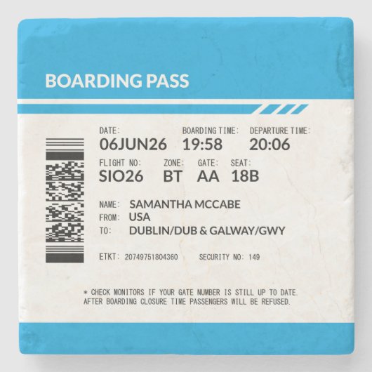 Boarding Pass 6000x6000 (blue) DAM18 Steinuntersetzer (Vorderseite)