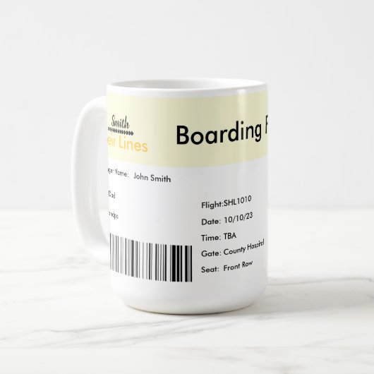 Boarding Pass Adoption Ankündigung Gelb Kaffeetasse (Vorderseite Links)