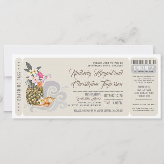 Boarding Pass | Ananas | Beach Engagement Party Einladung (Vorderseite)