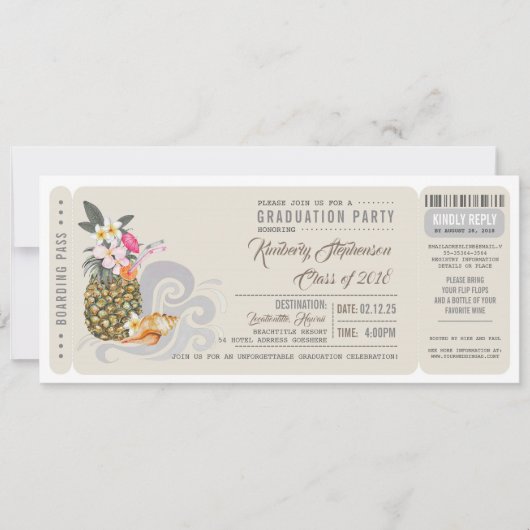 Boarding Pass | Ananas | Beach Graduation Party Einladung (Vorderseite)