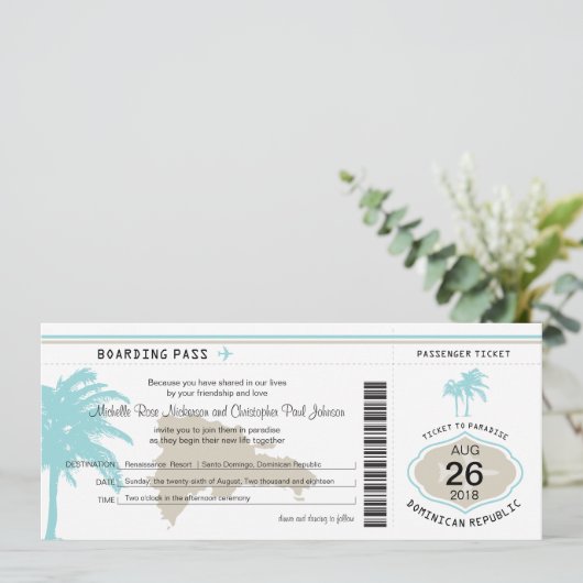 Boarding Pass auf Dominikanische Republik Hochzeit Einladung (Stehend Vorderseite)