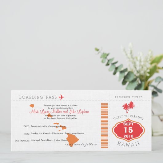 Boarding Pass auf Hawaii Hochzeit Einladung (Stehend Vorderseite)
