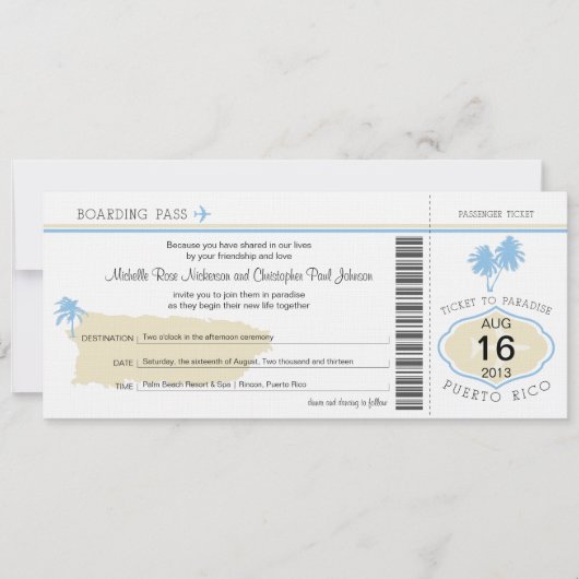 Boarding Pass auf Puerto Rico Hochzeit Einladung (Vorderseite)