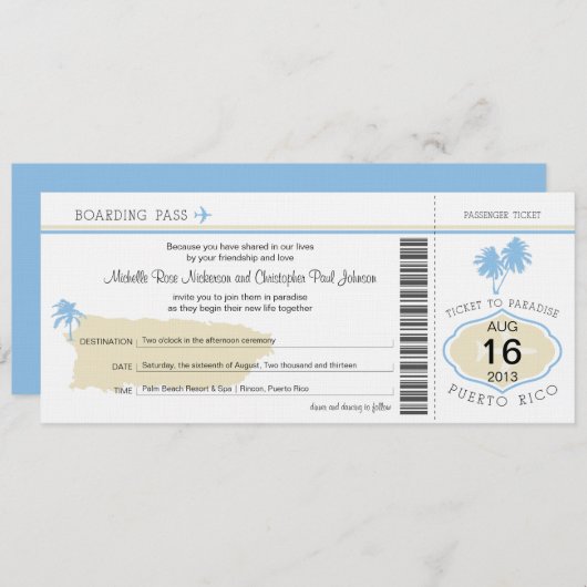 Boarding Pass auf Puerto Rico Hochzeit Einladung (Vorne/Hinten)