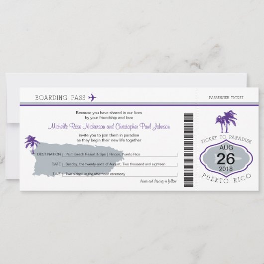 Boarding Pass auf Puerto Rico Hochzeit Einladung (Vorderseite)