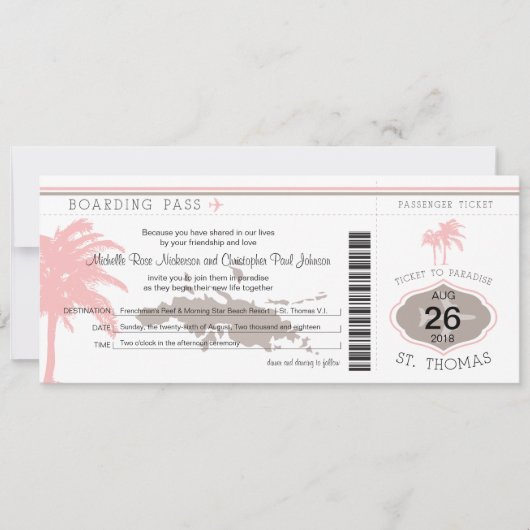 Boarding Pass auf St Thomas Brown & Pink Einladung (Vorderseite)