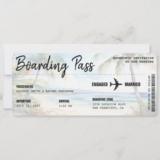 Boarding Pass Beach Palm Tree Hochzeit in Urlaubso Einladung (Vorderseite)
