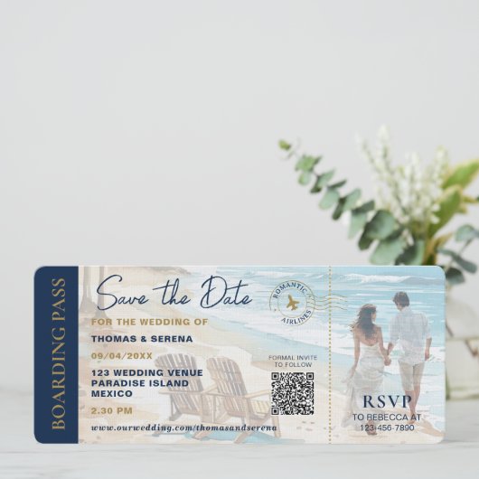 Boarding Pass Beach Save The Date QR Code Wedding Einladung (Stehend Vorderseite)
