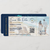 Boarding Pass Beach Save The Date QR Code Wedding Einladung (Vorne/Hinten)