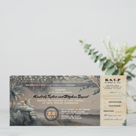 Boarding Pass Beach String Lights Hochzeitsticket Einladung (Stehend Vorderseite)