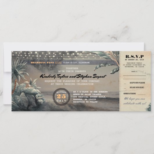 Boarding Pass Beach String Lights Hochzeitsticket Einladung (Vorderseite)