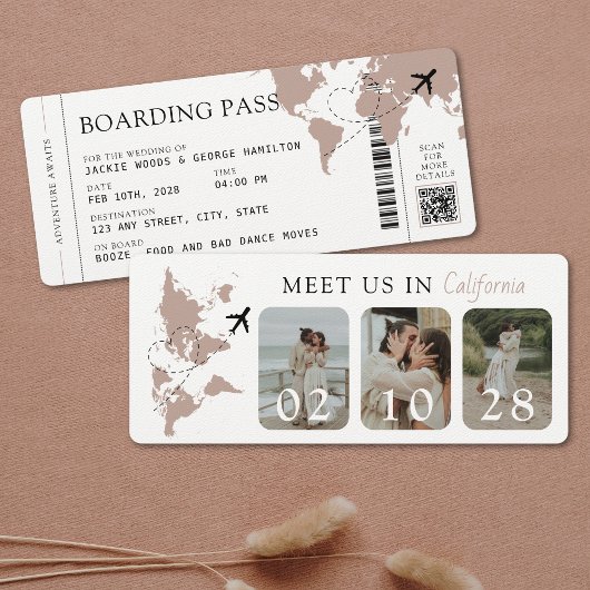 Boarding Pass Beige Neutral 3 Fotos Hochzeit Einladung