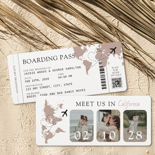 Boarding Pass Beige Neutral 3 Fotos Hochzeit Einladung