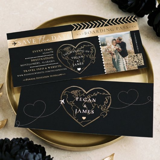 Boarding Pass Black Gold Wedding Save The Date Einladung