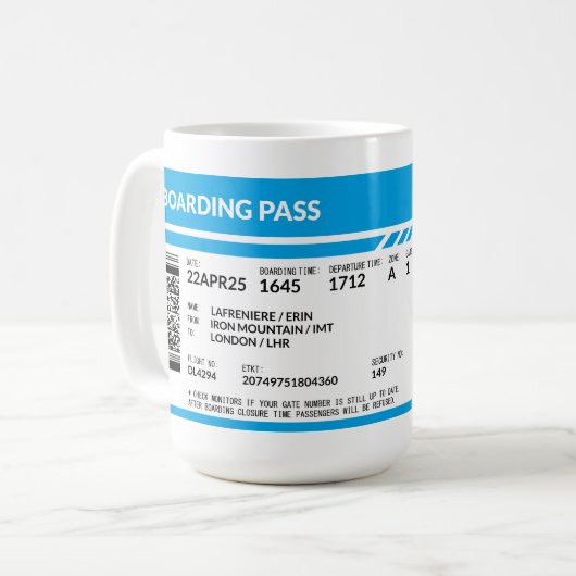 Boarding Pass (blau) Kaffeetasse (Vorderseite Links)