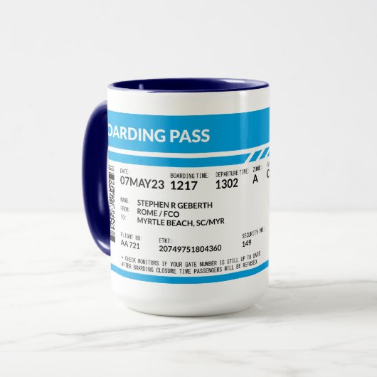 Boarding Pass (blau) SRG Tasse (Vorderseite Links)