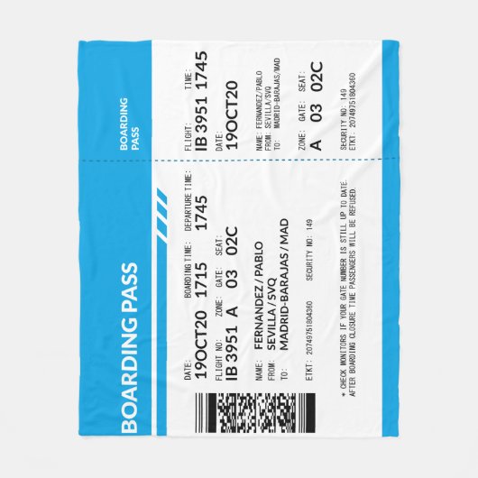 Boarding Pass (blue) Fleecedecke (Vorderseite)
