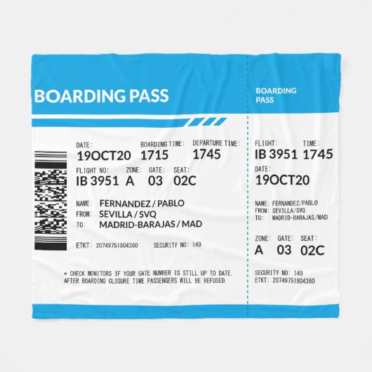 Boarding Pass (blue) Fleecedecke (Vorderseite (Horizontal))