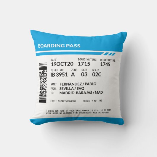 Boarding Pass (blue) Kissen (Vorderseite)