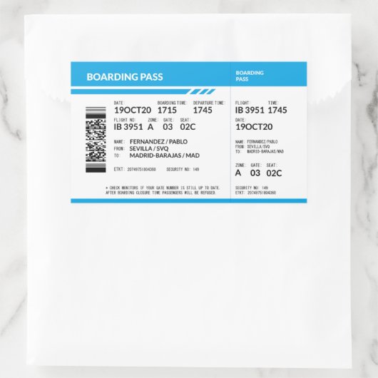 Boarding Pass (blue) Rechteckiger Aufkleber (Tasche)