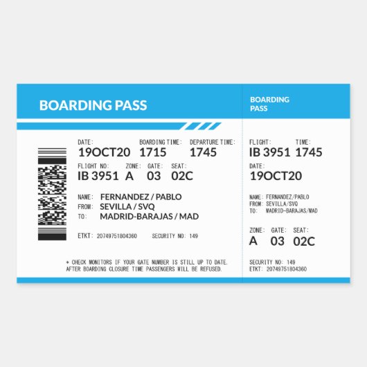 Boarding Pass (blue) Rechteckiger Aufkleber (Vorderseite)